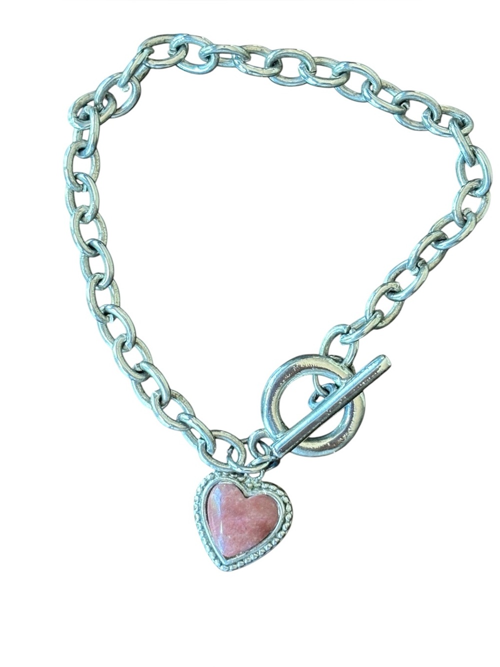 Silver Tone Toggle Bracelet Pink Heart Charm DH Marked Mixed Metal